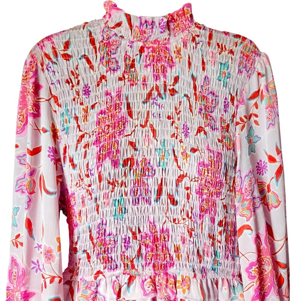 FATE The Label Pink Multi Floral Smocked Bodice Ruffle Tiered Dress Small - Picture 2 of 6